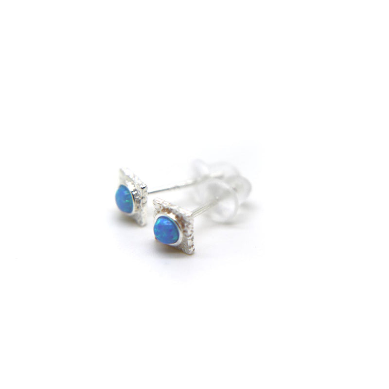 Blue Faux Fire Opal square stud earrings in 925 Sterling Silver image 2