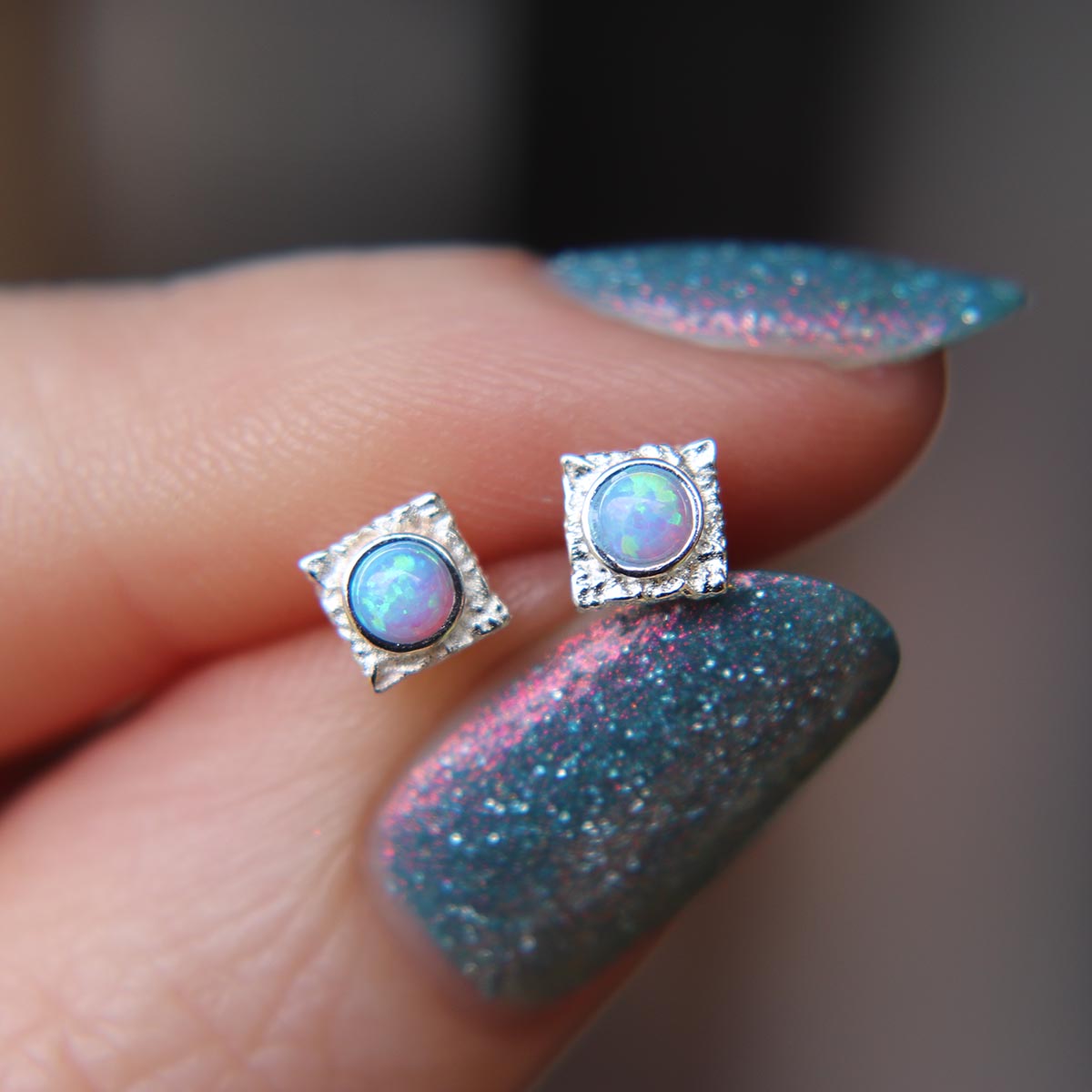 Blue Faux Fire Opal square stud earrings in 925 Sterling Silver image 0